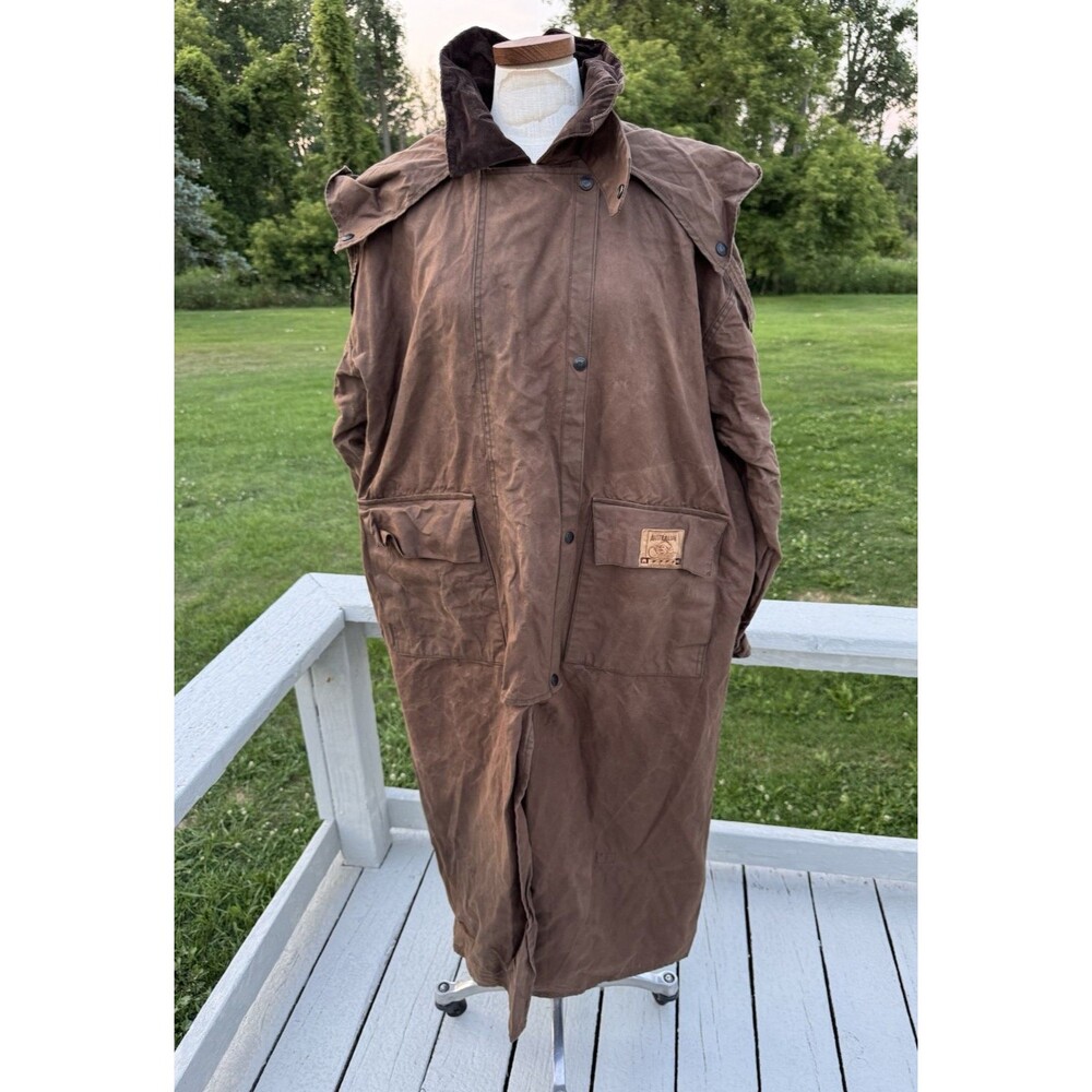 Feathertop Australian Jacket Mens Large Brown Oilskin Duster Trench Coat Lined